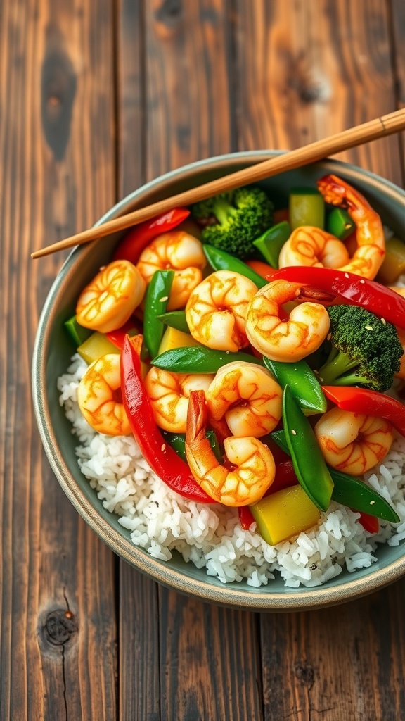 Shrimp stir-fry with colorful vegetables served over rice, garnished with sesame seeds on a rustic table.